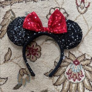 Sequin Minnie Mouse Ears Headband with Red Bow